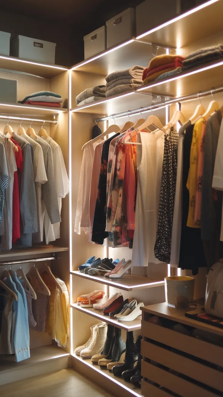 A well-organized closet with LED strip lighting illuminating clothes and shoes.