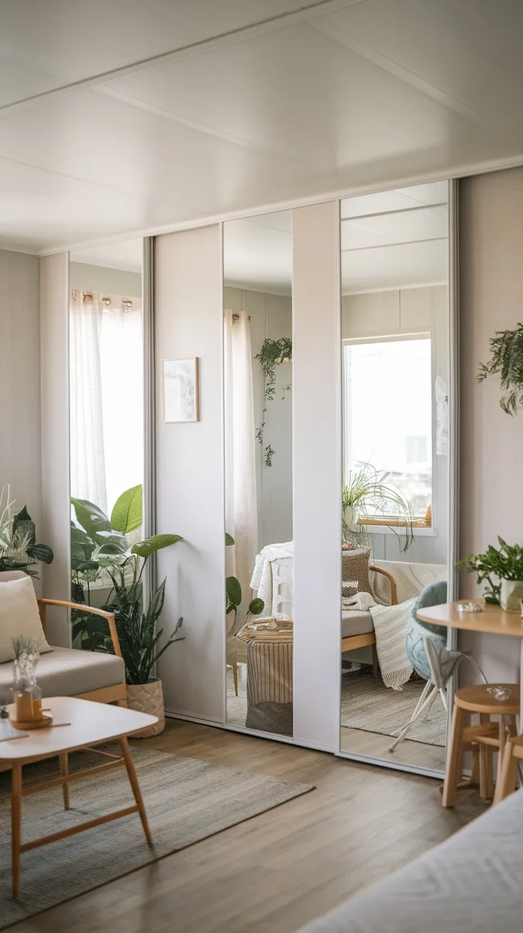 A cozy living area in a singlewide mobile home featuring large mirrors reflecting light and plants, creating an open feel.