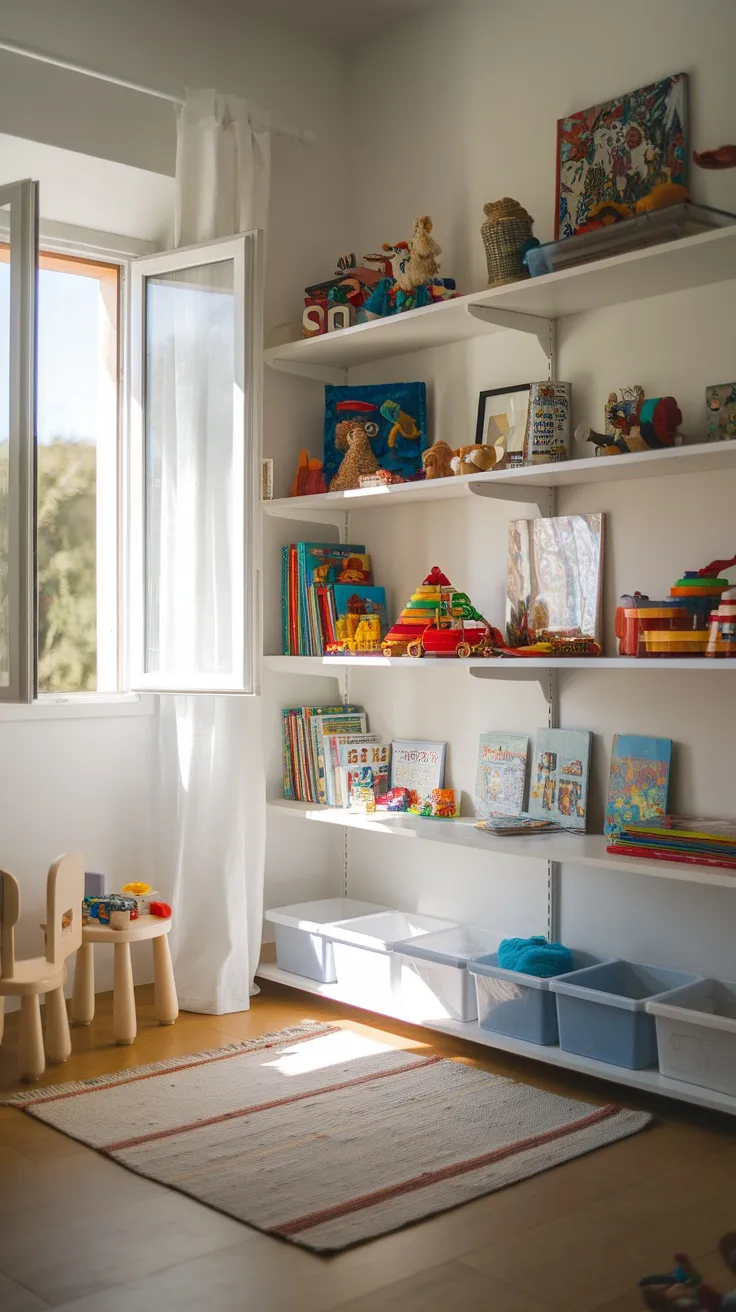 Bright toddler bedroom with open shelves filled with toys and books, a cozy rug, and sunlight coming through the window.