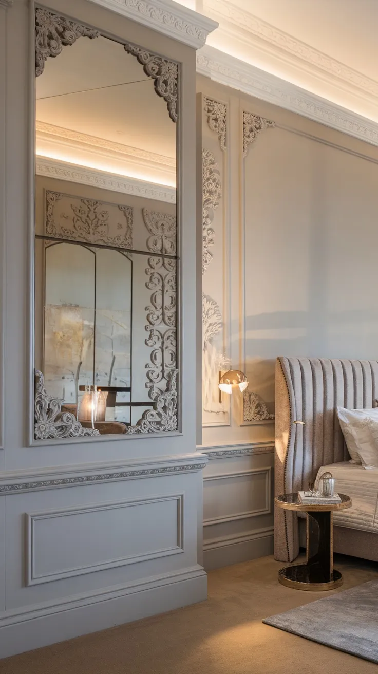 A modern traditional bedroom with intricate wall molding and a large decorative mirror
