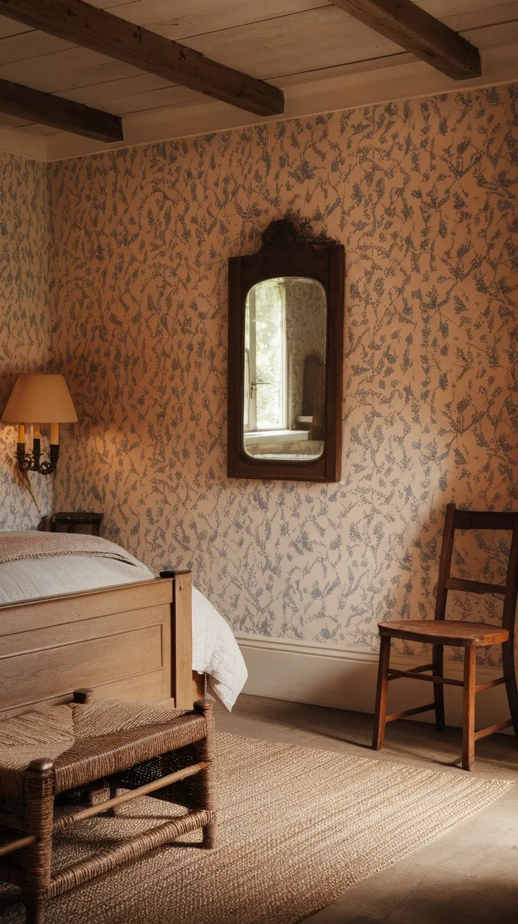 Cozy English cottage bedroom featuring vintage wall sconces, floral wallpaper, and rustic furniture.