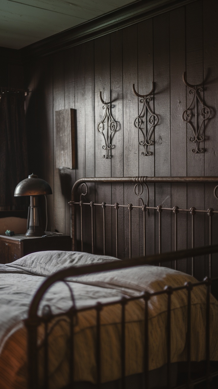 A dark western bedroom featuring a wrought iron bed frame and metal accents on the walls.