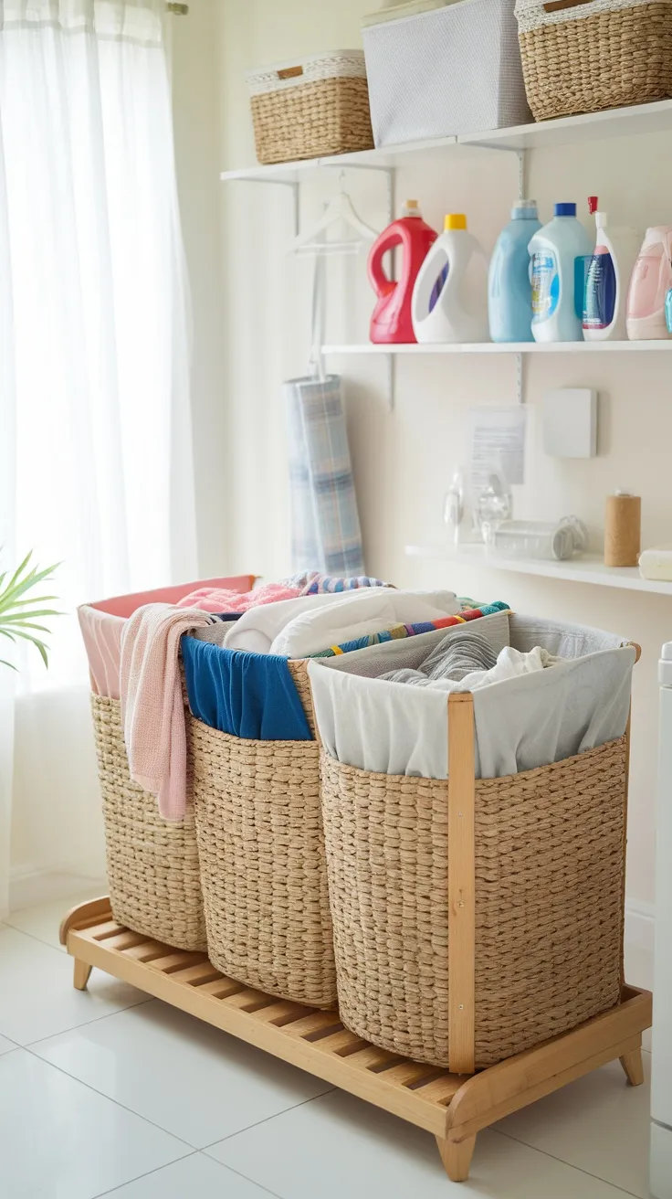A laundry room with a sorting hamper that has three sections for separating clothes by color.