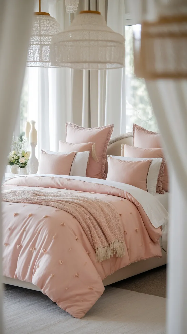 Cozy bedroom with coordinated pink bedding and pillows, creating a warm and inviting atmosphere.