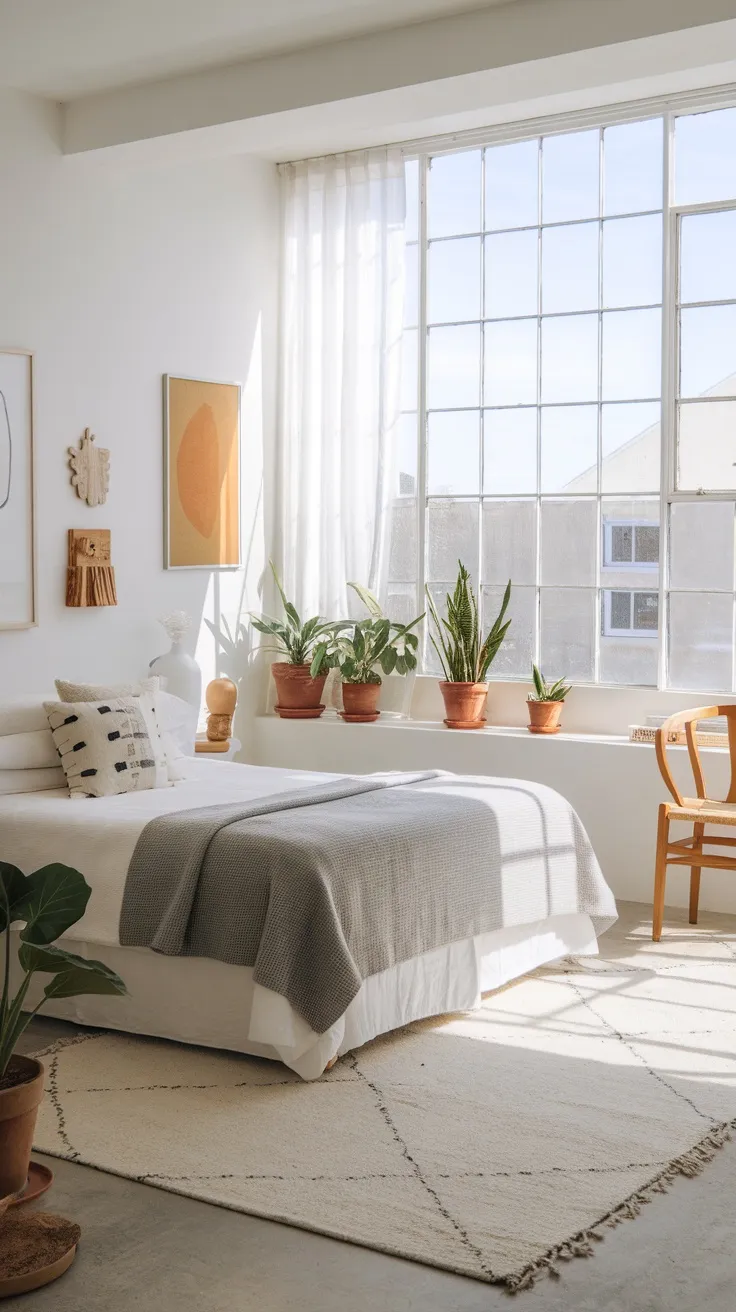 Bright and airy bedroom with a cozy bed, plants by the window, and soft natural light.