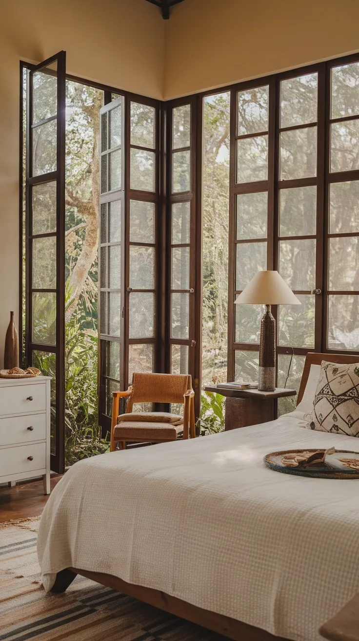 A bright bedroom with open windows and mesh screens, showcasing fresh air and a relaxing atmosphere.