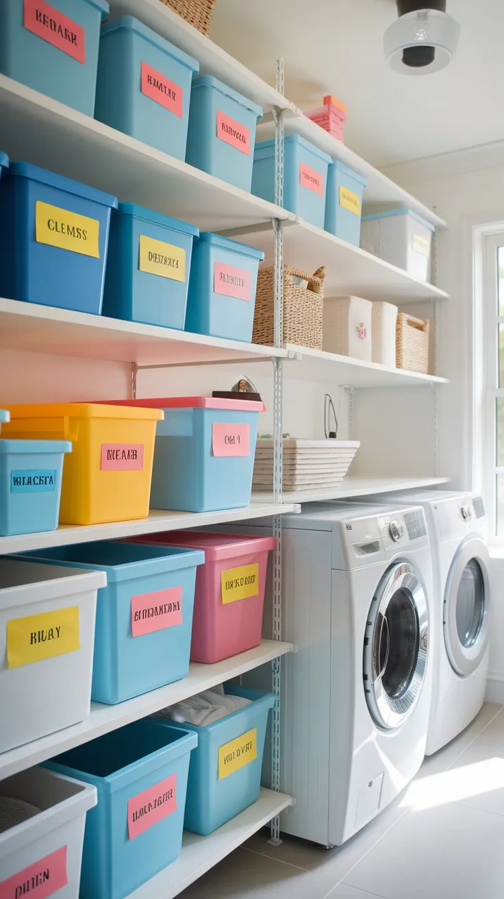 Colorful bins with labels on shelves in a laundry room