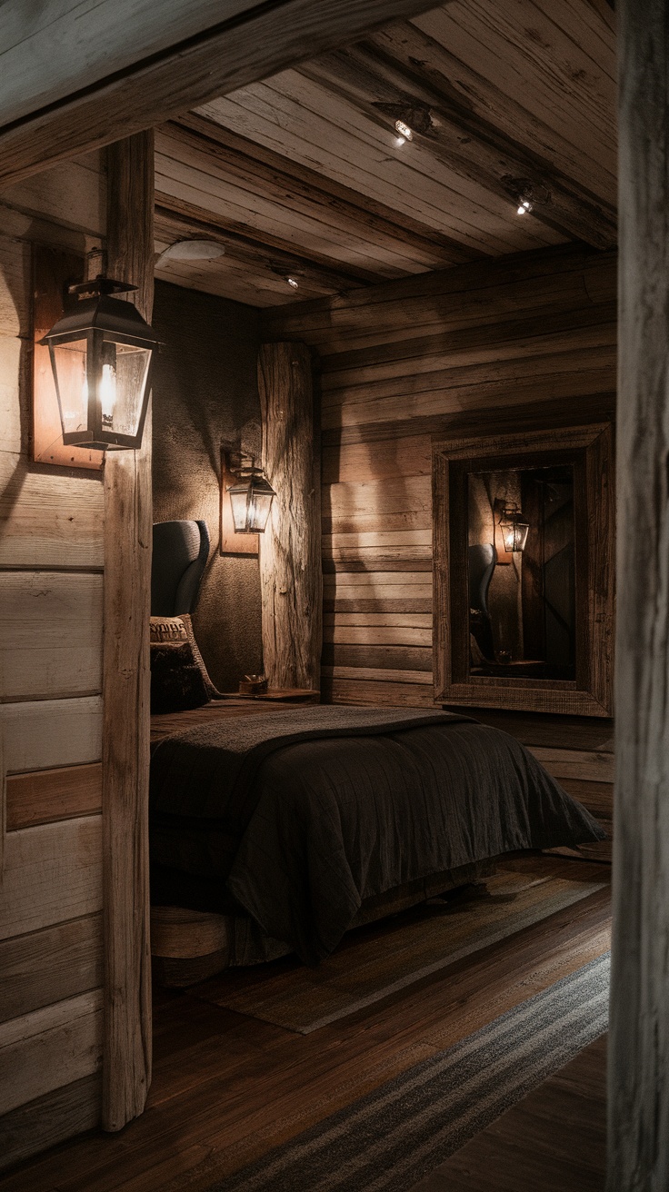 A cozy dark western bedroom featuring lantern-style wall sconces and rustic decor.