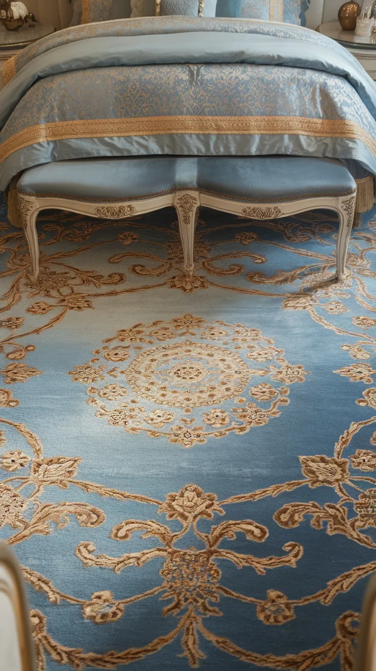 A blue rug with gold designs in a beautifully decorated bedroom