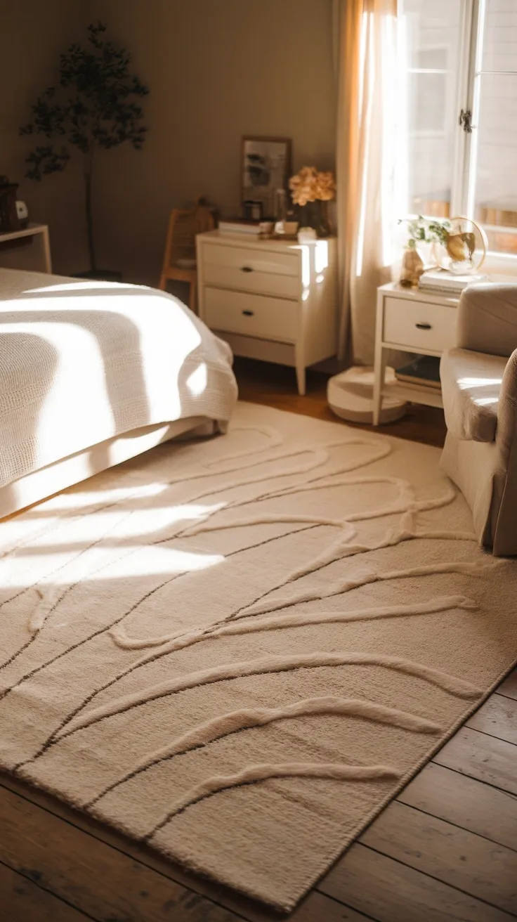 A cozy bedroom with a cream rug featuring soft white patterns on the floor, a bed with a textured blanket, and natural light coming in from the window.