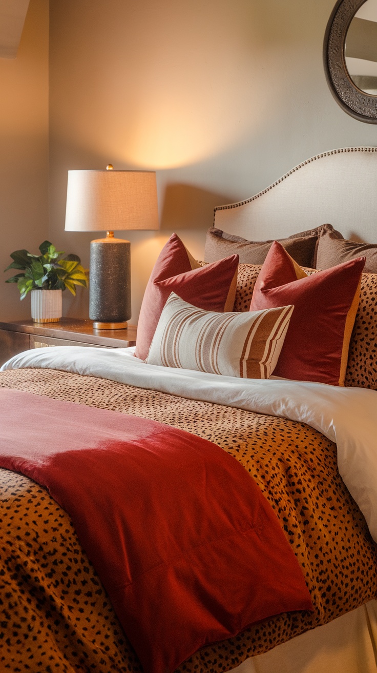 A cozy bed layered with cheetah and solid red blankets, accompanied by matching pillows.