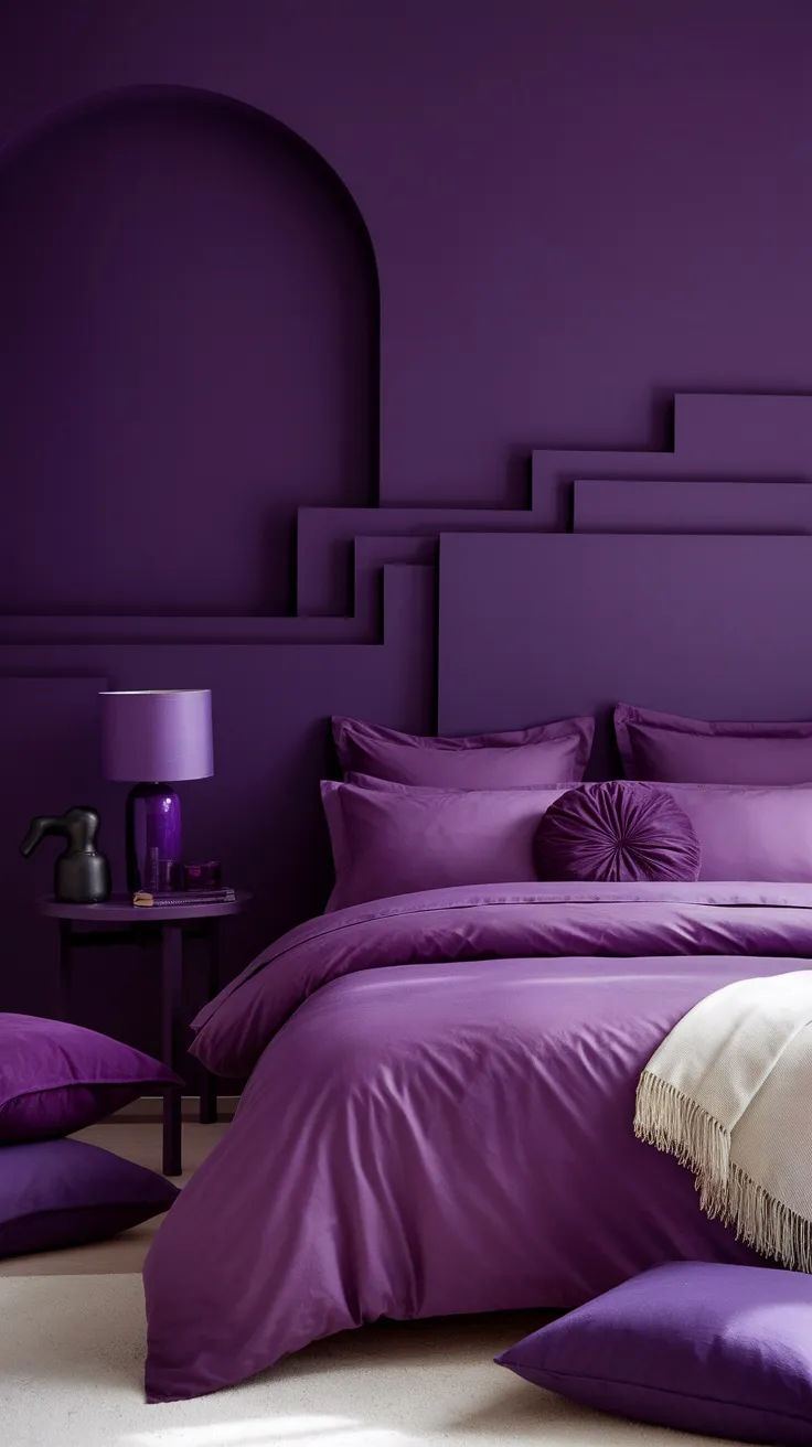 A cozy purple bedroom featuring layered shades of purple in the bedding and walls.