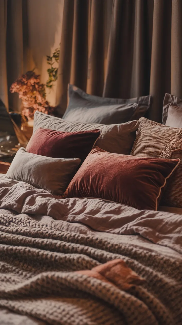 A cozy bed layered with various textiles including velvet and linen pillows, and a textured blanket.