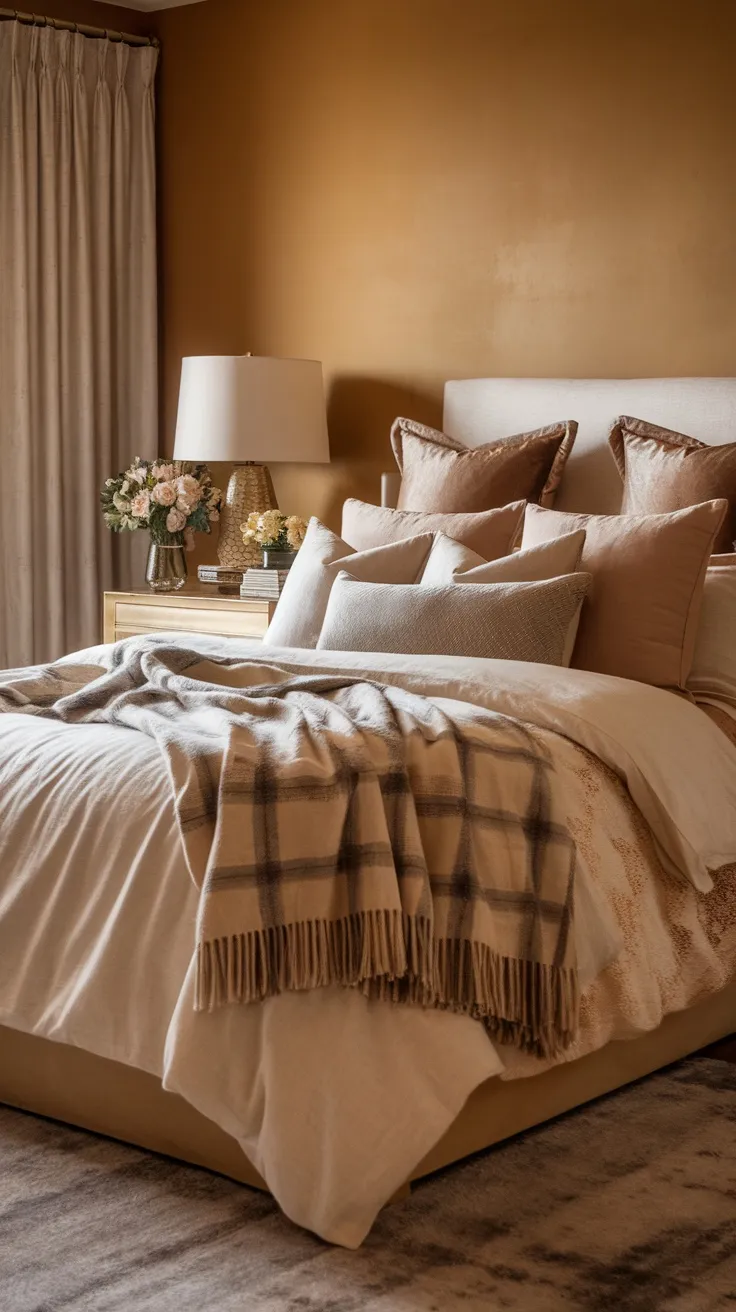 A cozy bedroom with a layered bed featuring different textures, including linen, velvet, and wool, in warm tones.
