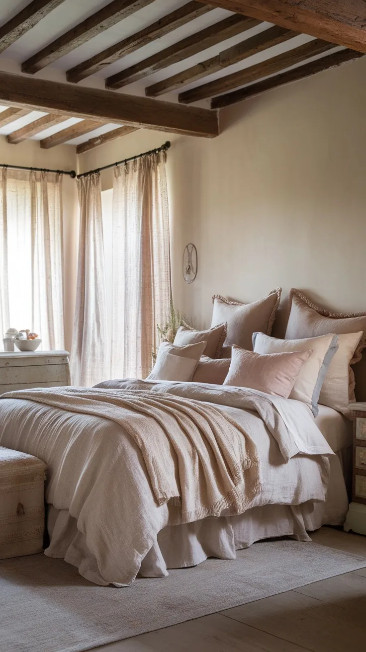 A cozy French bedroom with layered linen and cotton bedding in soft beige tones, complemented by natural wood beams and sheer curtains.