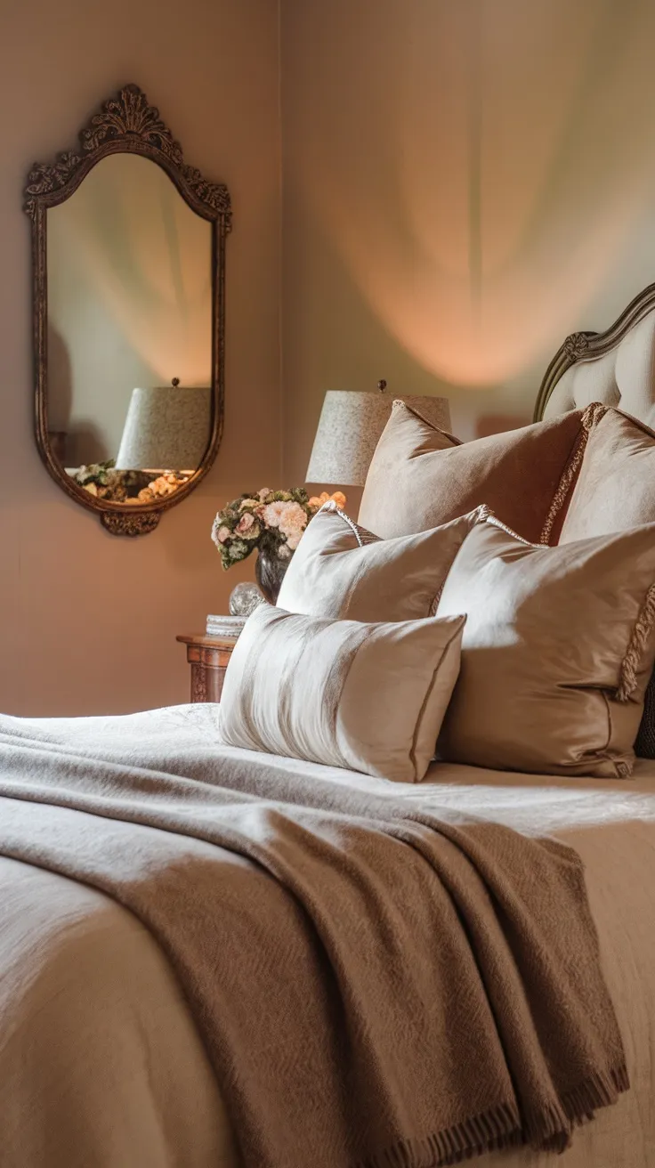 A cozy, modern traditional bedroom with layered throw pillows, textured blankets, and a decorative mirror.