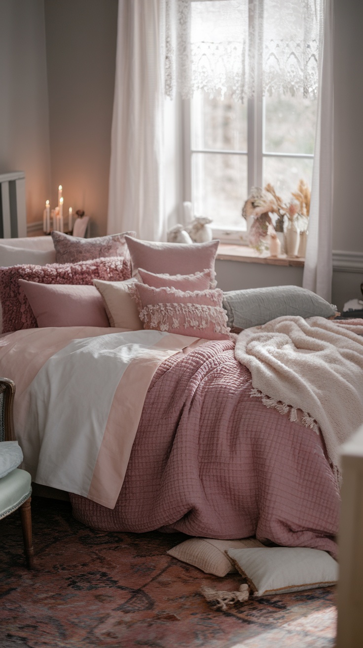 A cozy dusty pink bedroom featuring layered bedding in pink, gray, and white with decorative pillows and a soft throw.