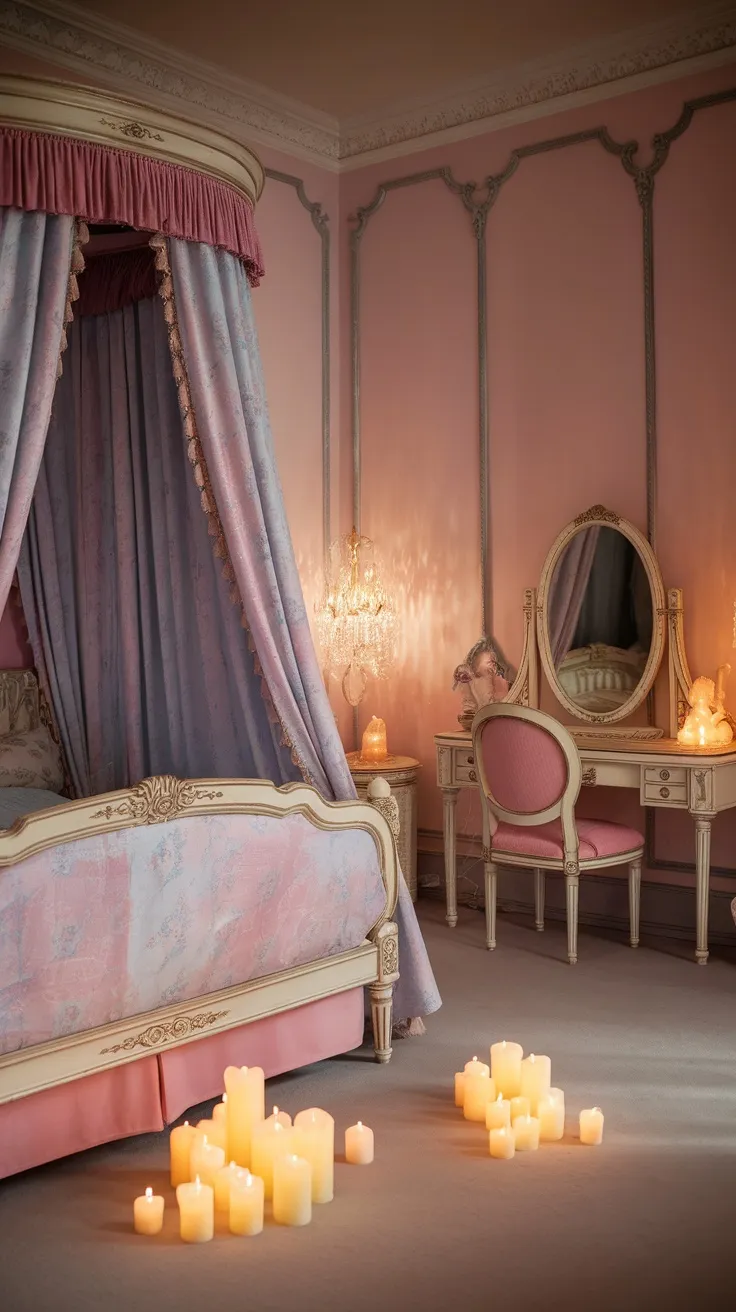 A cozy vintage princess bedroom with candles and vintage lamps for soft lighting.