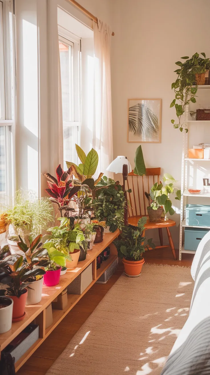 A cozy bedroom with a bench lined with potted plants, sunlight streaming through the windows.