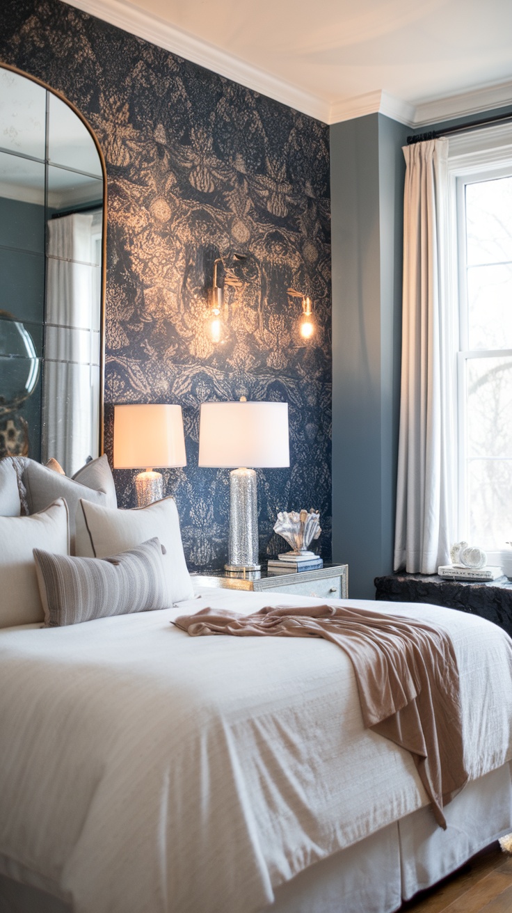 A stylish bedroom featuring a dark floral accent wall, elegant lighting, and neutral bedding.