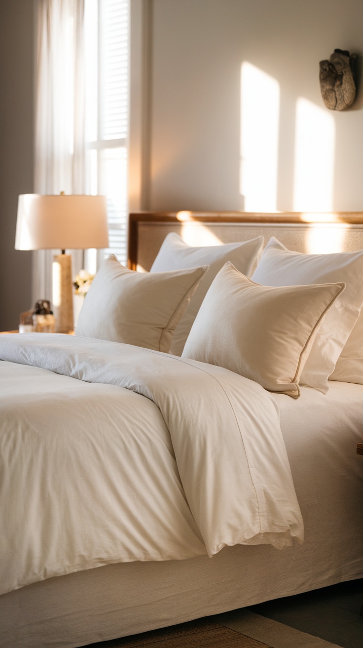 A cozy bed made with white sheets and cream pillows, softly lit by natural light.