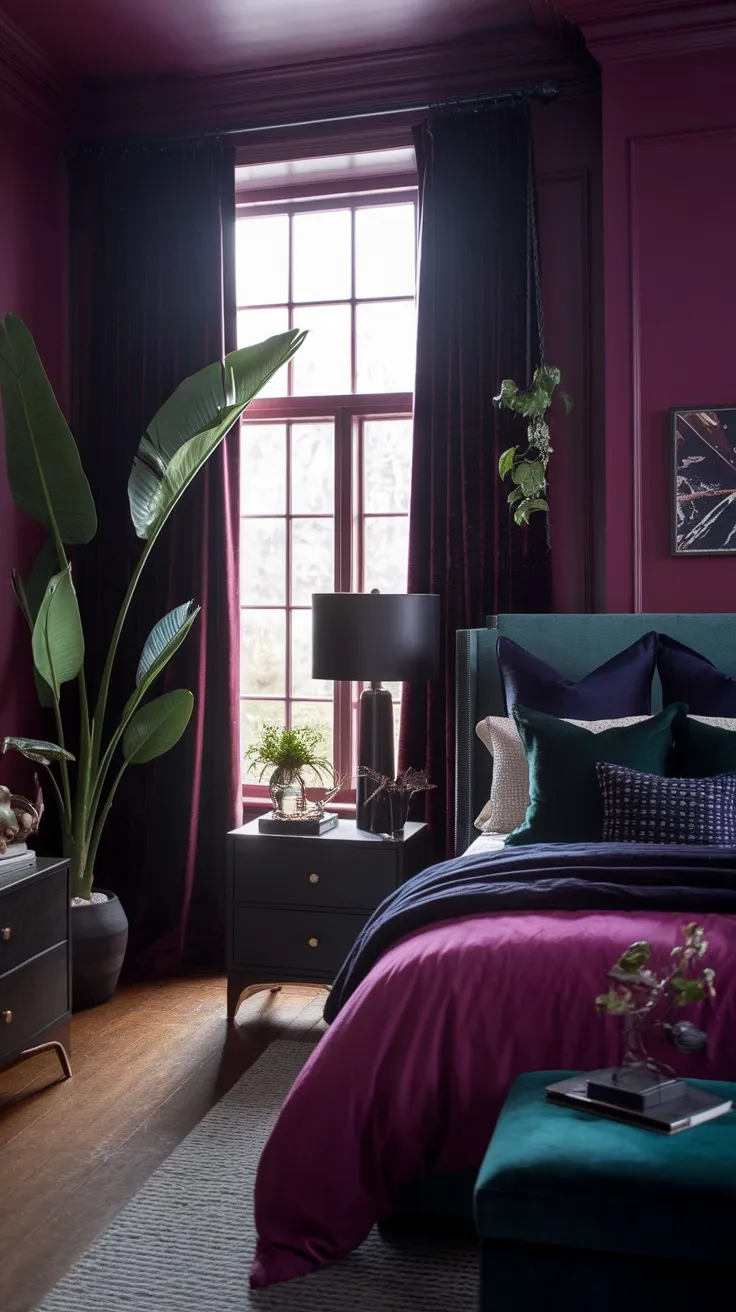 A cozy purple bedroom with dark green and navy accents.