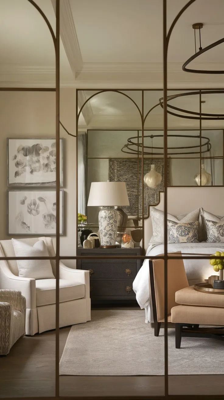 A modern traditional bedroom featuring soft lighting, a traditional lamp, and modern fixtures, showcasing a cozy and inviting decor.