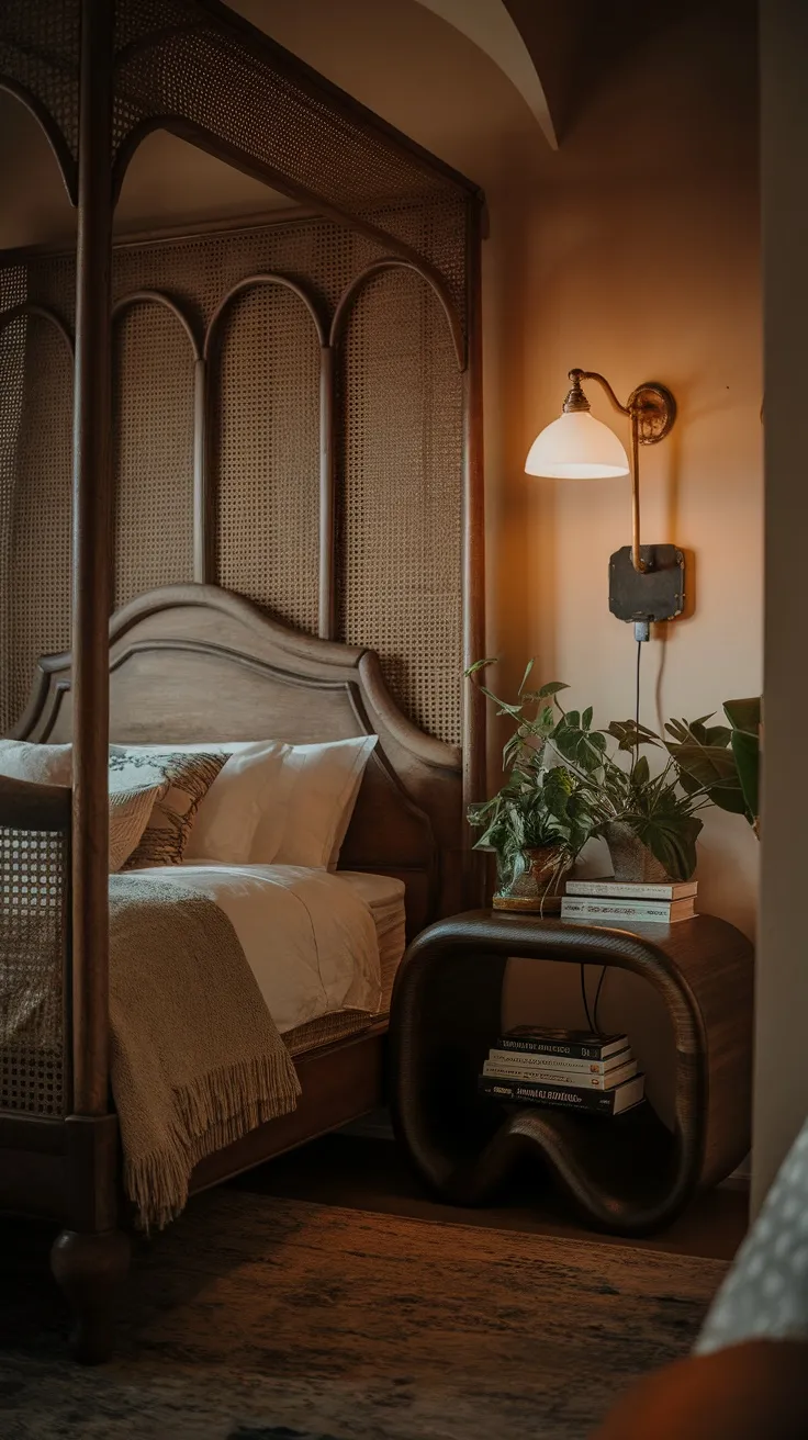 Cozy bedroom with a vintage wooden bed and modern nightstand.