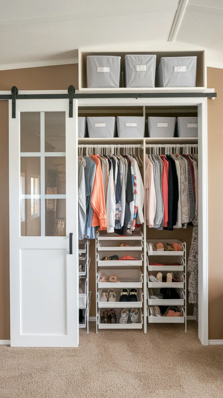 Organized closet with gray bins and shoe racks in a singlewide mobile home
