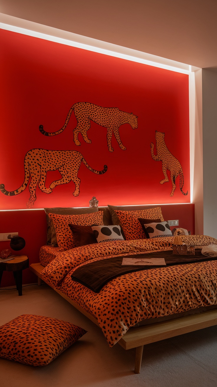 A stylish bedroom featuring a red accent wall with cheetah prints, complemented by matching cheetah-patterned bedding.