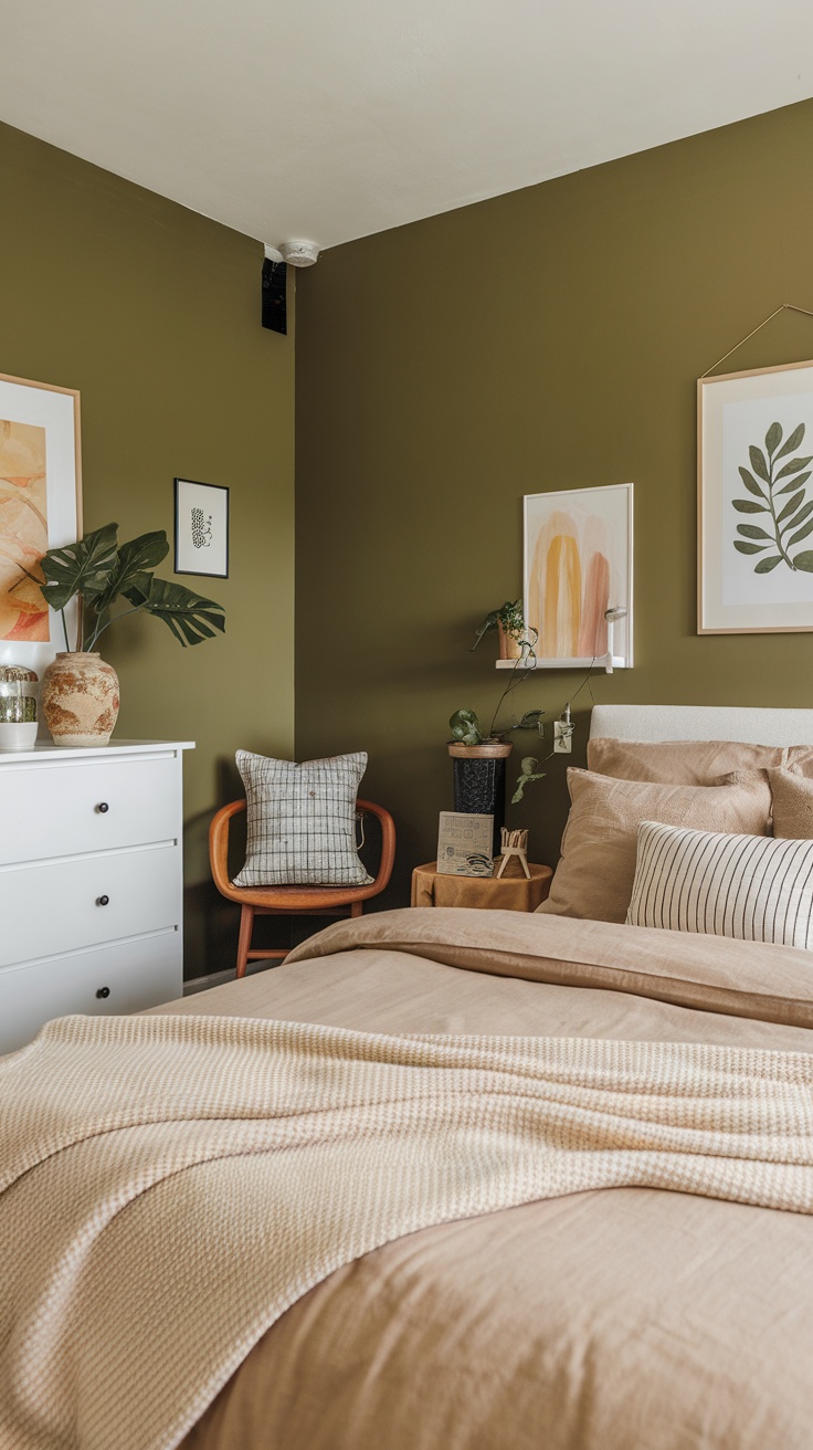 Cozy bedroom with one olive green wall and beige bedding