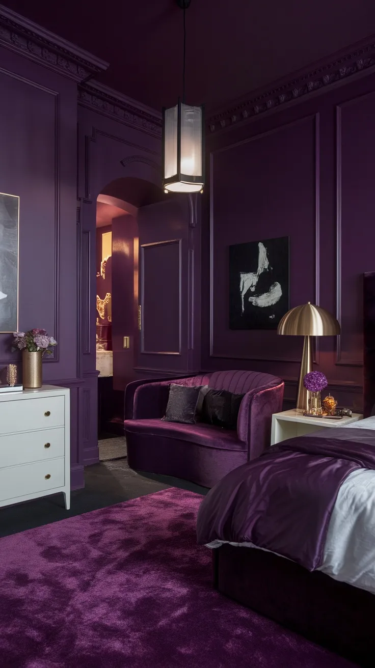 A moody purple bedroom featuring deep plum walls, plush furniture, and stylish decor.