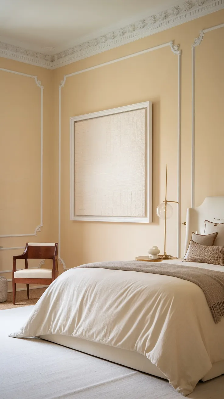 A cream bedroom with white borders on the walls and a cozy bed.