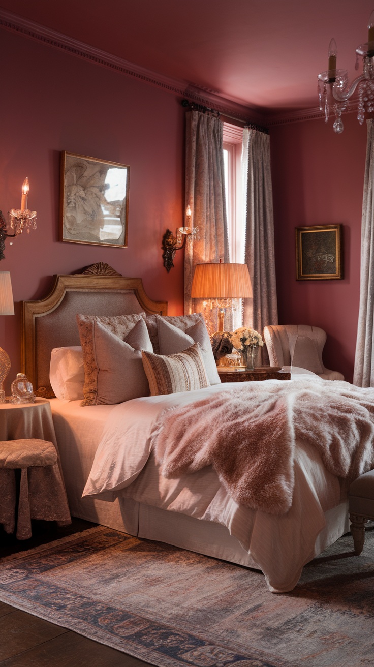 A beautifully decorated bedroom with dusty pink walls, soft bedding, and elegant decor.