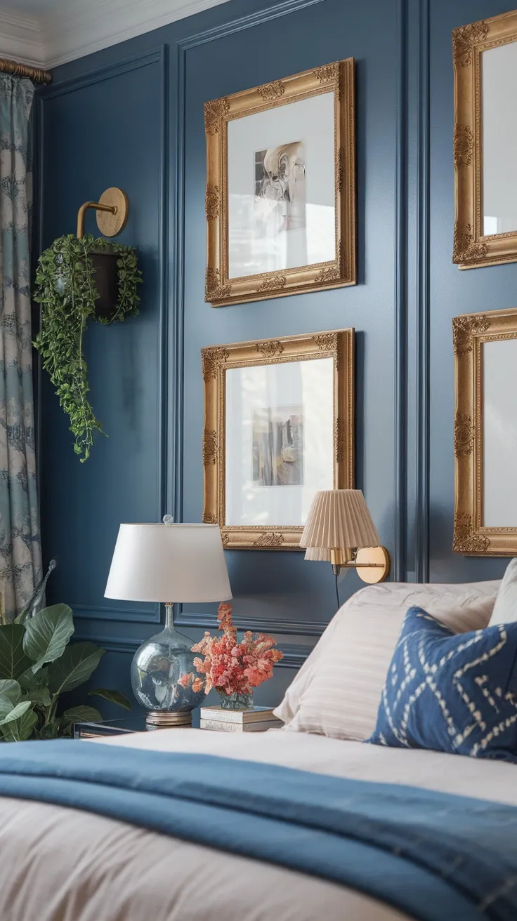 A stylish bedroom with blue walls, gold picture frames, and elegant decor.