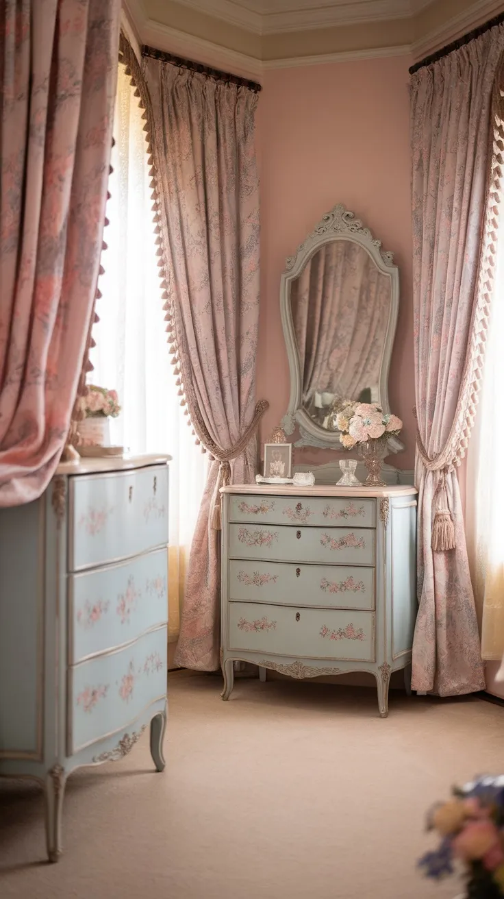 A vintage style bedroom with a blue dresser and matching nightstand, decorated with flowers and curtains.