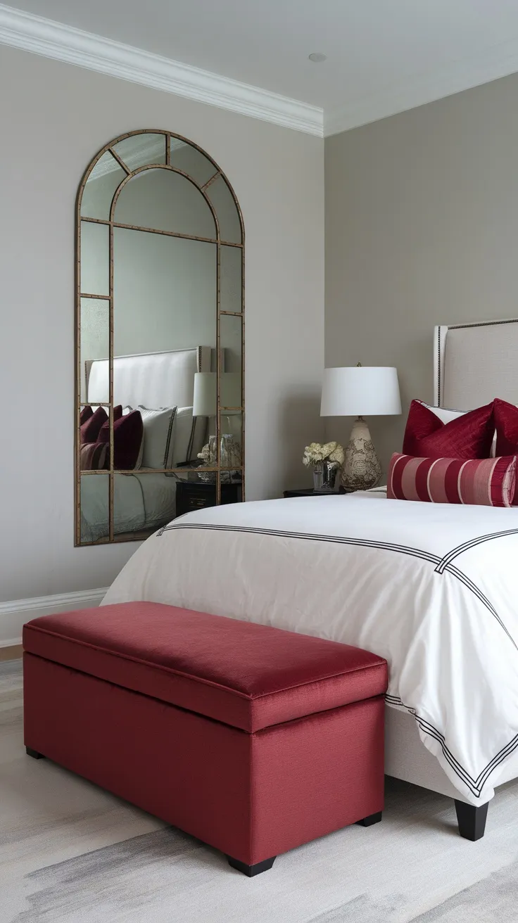 Modern traditional bedroom featuring a red ottoman at the foot of the bed with an elegant mirror on the wall.