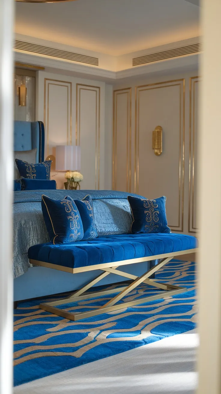 A stylish blue velvet bench with a gold base positioned at the foot of a bed in a beautifully designed bedroom.
