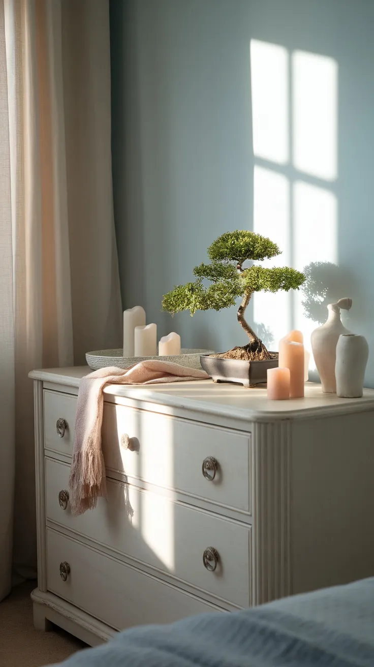 A bonsai tree on a dresser with candles and soft fabric in a softly lit bedroom.