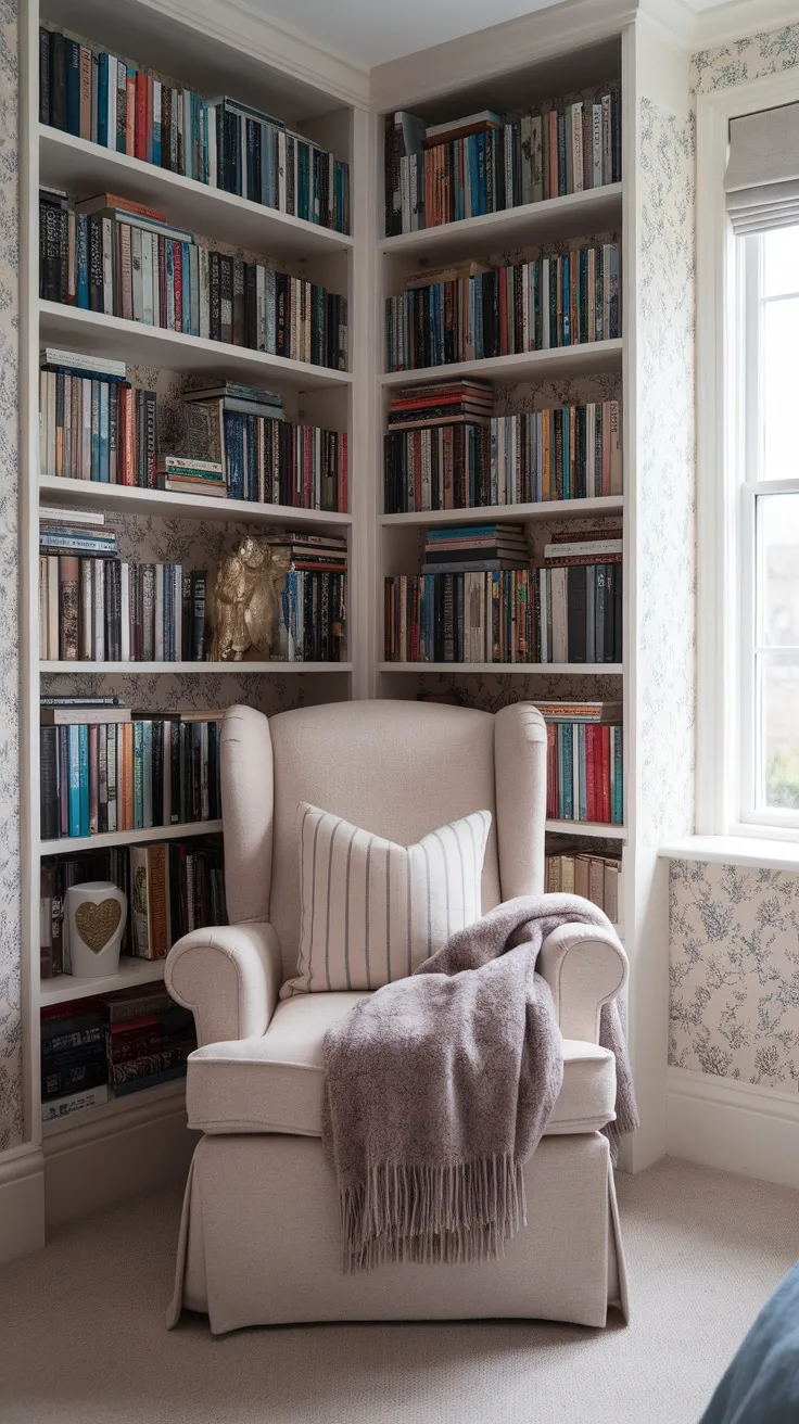 A cozy armchair in the corner of a bedroom, surrounded by bookshelves filled with books, and decorated with a throw and a pillow.
