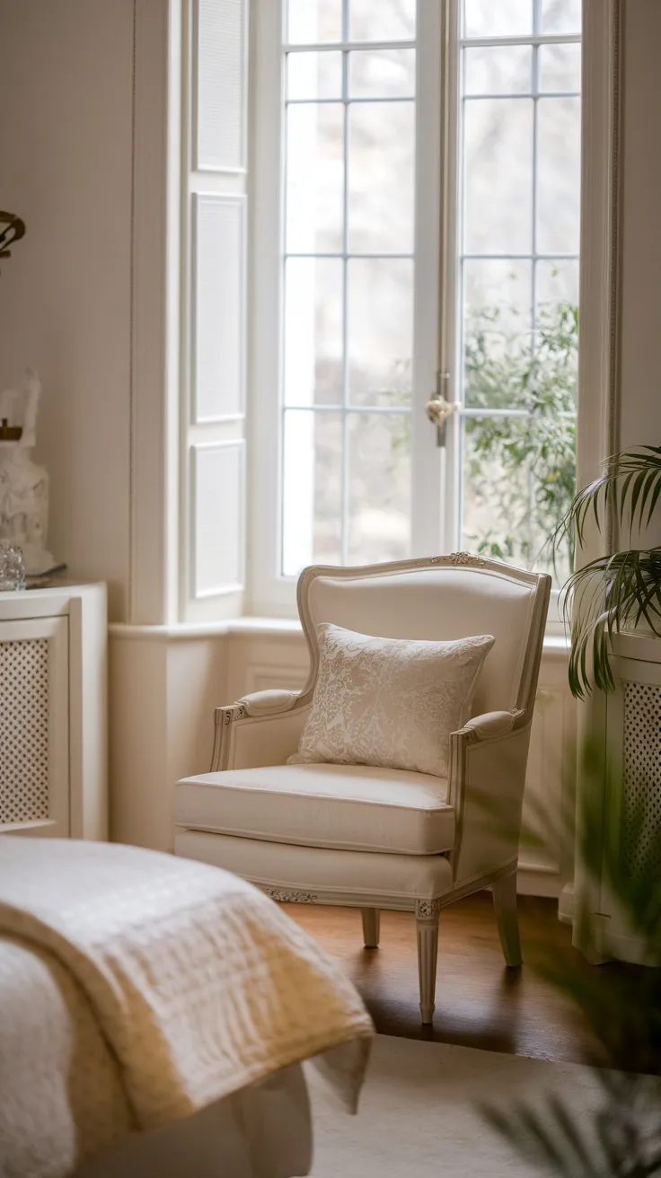 A cream chair with a white cushion placed by a window in a bedroom