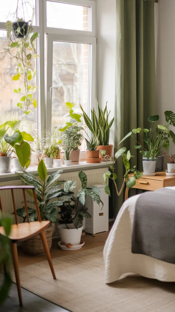Bright bedroom with various houseplants near a window, creating a fresh and lively atmosphere.
