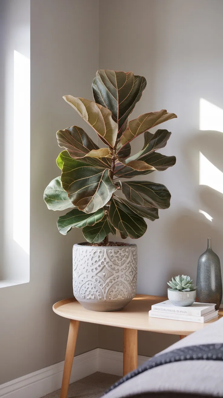 A fiddle leaf fig in a decorative pot placed in a corner of a bedroom, alongside a small succulent and a vase.