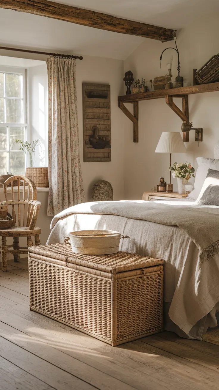 A cozy English cottage bedroom featuring a wicker storage chest at the end of the bed