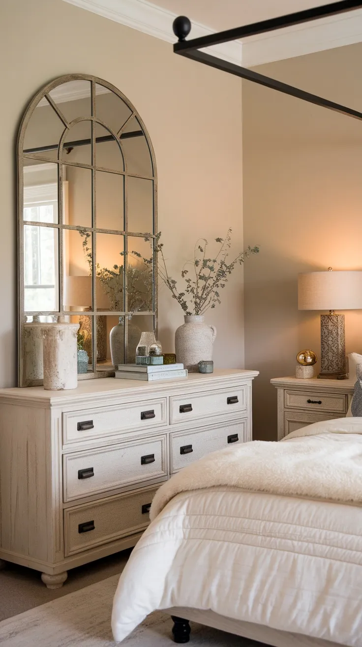 A rustic farmhouse dresser with a large arched mirror above it, decorated with vases and a warm lamp.