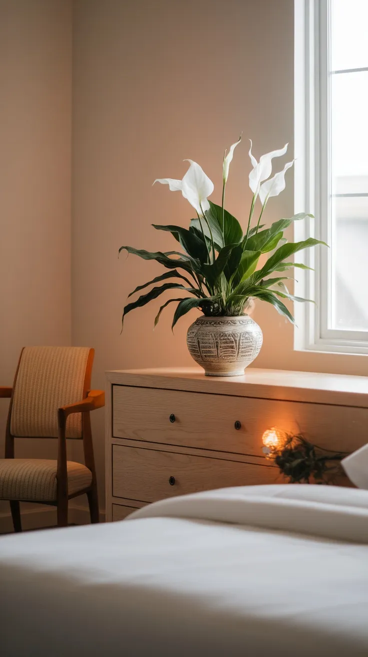 A peace lily in a decorative pot on a wooden dresser in a softly lit bedroom
