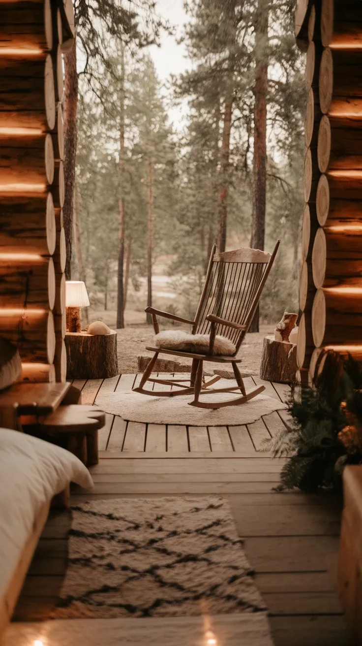A cozy rocking chair on a wooden porch with forest view