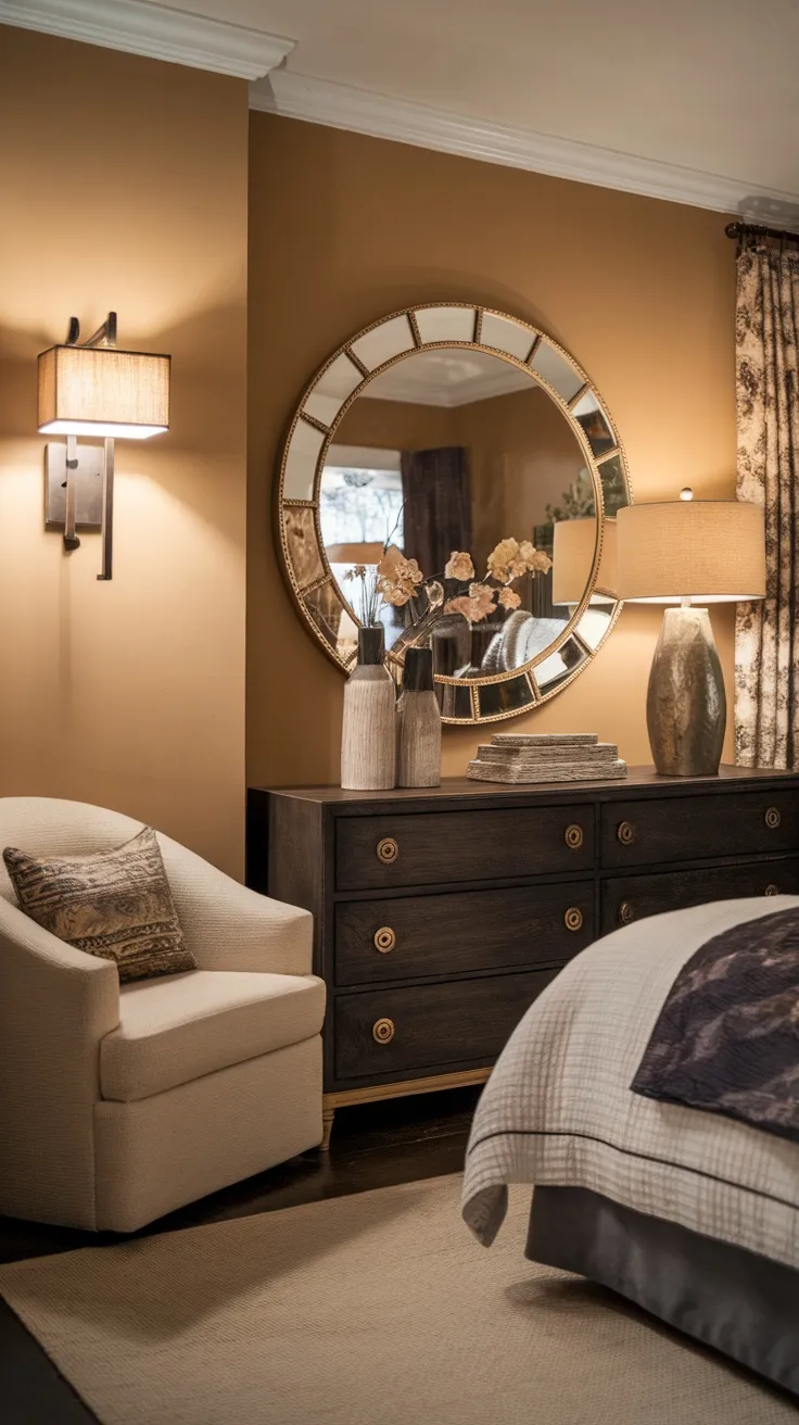 A round mirror with a gold frame above a dark wood dresser, styled with vases and a lamp