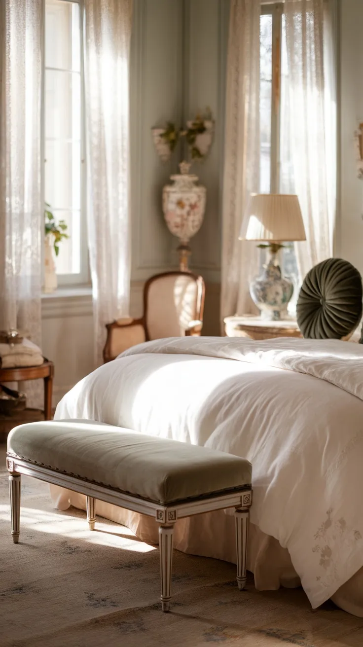 A cozy French bedroom with a small green bench at the foot of a bed, soft sunlight filtering through sheer curtains.