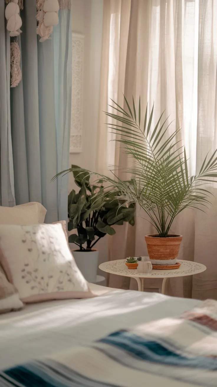 A cozy bedroom corner featuring a potted palm on a white table and soft curtains in the background.